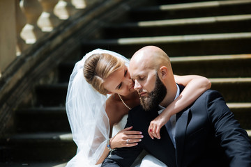 lovely wedding couple walking on their wedding day