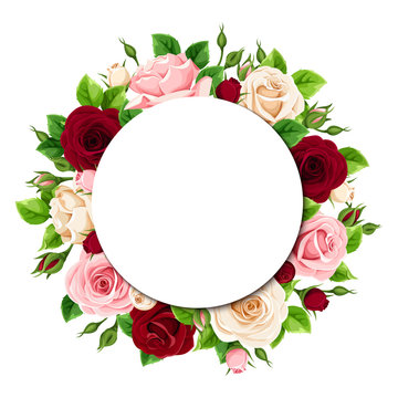 Vector greeting or invitation circle card with pink, burgundy and white roses.