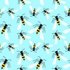 Seamless  pattern with insects, symmetrical background with closeup yellow wasps on the light backdrop