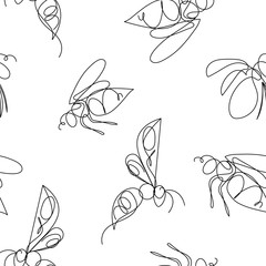 Seamless  pattern with insects, symmetrical background with closeup yellow wasps on the light backdrop