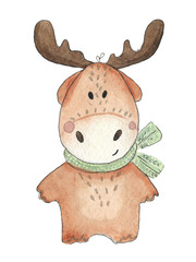 Watercolor cute cartoon deer in a scarf, winter print, children's illustration, naive art isolated on white background. Cute character. Hand drawn illustration. Greeting card, postcard