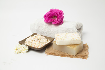 Fototapeta na wymiar Homemade spa treatment with organic soaps - natural skin care handmade soap bars - home therapy