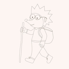 Doodle vector  with hedgehog traveler in outline style. Animal illustration. Character hedgehog carries a bag on the straps behind his back. Isolated on white background