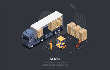 Isometric Warehouse Work Process Concept. On Time Delivery Home And Office. Delivery Truck, Forklift For Loading Pallets, Workers Control Process Of Loading and Unloading Cargo. Vector Illustration