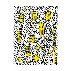 Vector illustration, symbols of coffee and various desserts, with hand drawn letters. Black and white with yellow accents illustration.