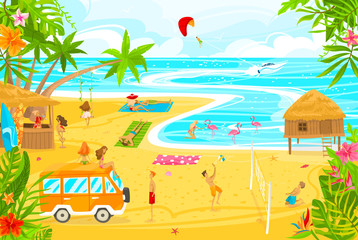 Obraz premium People relax on ocean beach, enjoy summer vacation with friends on tropical island, vector illustration. Men and women cartoon character, summertime leisure travel, beach recreation, paradise vacation