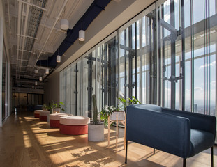 Clean, modern and pleasant corporate office corridors with panoramic views of the city