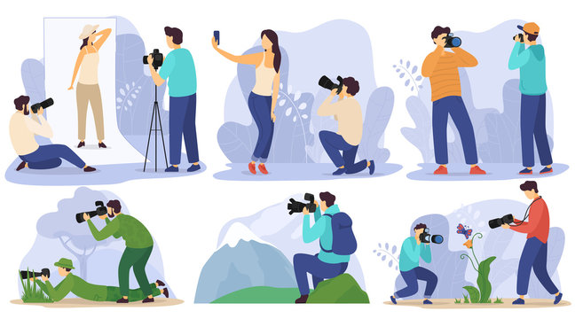 Photographer in studio and outdoor, taking pictures of people and nature, vector illustration. Professional photo equipment, man traveling with camera and shooting landscapes and wildlife photography