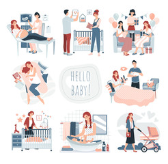 Pregnancy and childbirth, happy family with newborn baby, set of cute cartoon characters vector illustration. Smiling people expecting child, pregnancy, baby shower. Pregnant woman care, loving family - obrazy, fototapety, plakaty