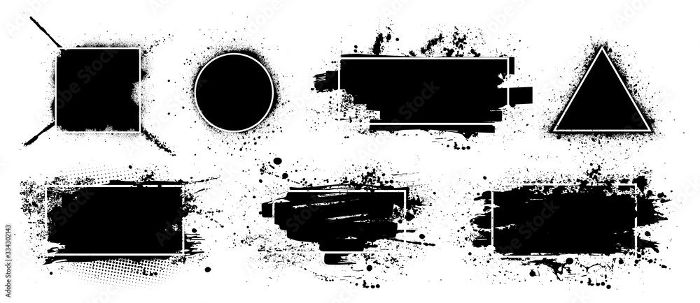 Fototapete Dirty artistic design elements boxes with frames for text, logo, back element. Vector splashes grunge with frame, isolated on white background. Set of black paint, ink brush strokes, brushes, lines