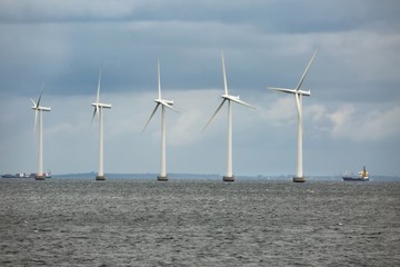 Offshore wind turbines at the sea in Copenhagen, Denmark