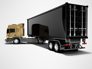 3D rendering of tractor unit with black trailer rear view on gray background with shadow