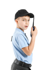 Cute little police officer on white background