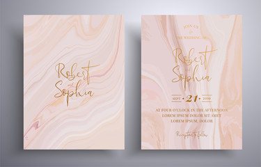 Vector wedding invitation with with swirling paint effect. Pink, beige and white overflowing colors. Beautiful cards that can be used for design cover, invitation, greeting cards, brochure and etc