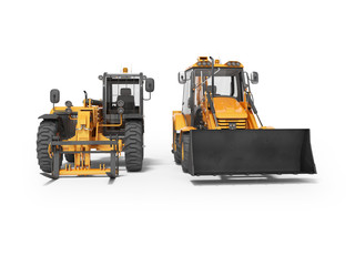 3d rendering orange loading equipment backhoe loader and excavator telescopic handler on a white background with shadow