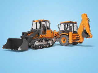 3d rendering orange road equipment loader excavator and crawler excavator on blue background with shadow