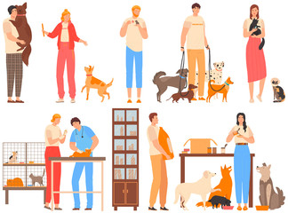 Volunteers in animal shelter, people take care of animals, dogs and cats rehabilitation center, vector illustration. Man and woman cartoon character volunteering and help animal. Pet shelter volunteer