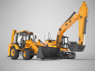 3d rendering orange construction machinery tractor and excavator on gray background with shadow