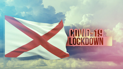 Coronavirus outbreak and coronaviruses influenza lockdown concept with flag of the states of USA. State of Alabama flag. Pandemic 3D illustration.