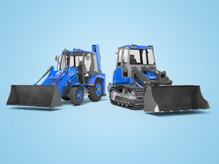 3d rendering set road machinery blue crawler excavator and backhoe loader on blue background with shadow
