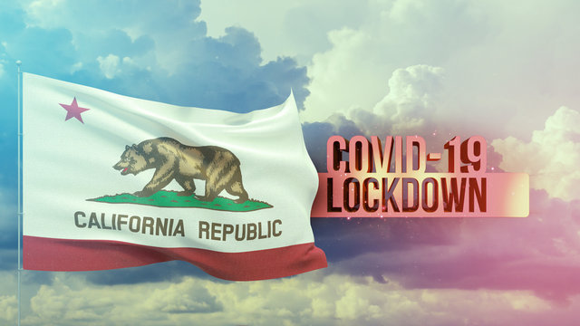Coronavirus outbreak and coronaviruses influenza lockdown concept with flag of the states of USA. State of California flag Pandemic 3D illustration.
