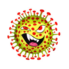 A microscopic view of a virus molecule with an expression of anger and fear.respiratory syndrome pathogen 2019-ncov, hand-drawn watercolor illustration. Dangerous Asian crown virus ncov.