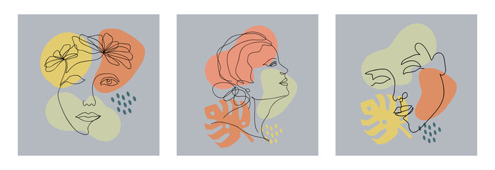 Vector abstract trendy cards with one line drawing of women, monstera leaf and geometric elements. Modern artwork  in minimal linear style. Female portraits for t-shirt fashion print, template