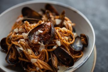 pasta with mussels. seafood pasta. Selective focus