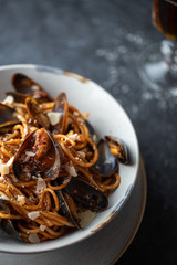 Fototapeta premium pasta with mussels. seafood pasta. Selective focus