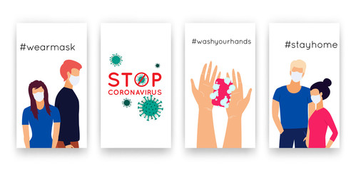 Vector templates set COVID-19 for social media network stories. Vertical posters with Chinese Coronavirus 2019-nCoV quarantine, health, hygiene promotion with people wearing face mask, washing hands