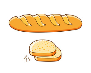 Baguette bread with slices and crumbs isolated