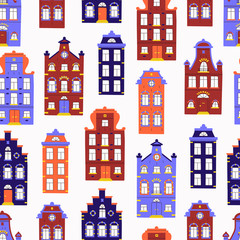 Vector cute seamless pattern with doodle traditional houses. Vector background of multi-colored facades of old buildings in scandinavian trendy style.