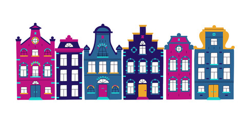 Vector cute card with traditional houses. Vector collection of multi-colored facades of old buildings on white isolated background in scandinavian trendy style. © Eireen