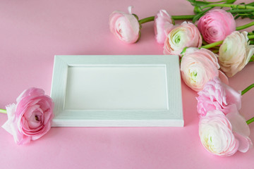 White frame with a space for text, decorated with bouquet of spring flowers on the pink background. Ranunculus or buttercup bouquet of pastel pink blossom.