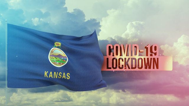 Coronavirus outbreak and coronaviruses influenza lockdown concept with flag of the states of USA. State of Kansas flag Pandemic 3D illustration.
