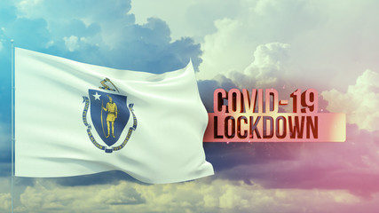 Coronavirus outbreak and coronaviruses influenza lockdown concept with flag of the states of USA. State of Massachusetts flag Pandemic 3D illustration.
