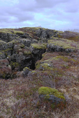 Fototapeta na wymiar The Tektonic plates split in Iceland on a cloudy and drizzly day