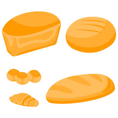Bread icons set. Healthy food. Fresh bakery, loaf, bun, .croissant and baguette. Natural nutrition. Vector.