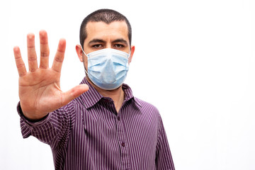 Sick man using mouth mask because a flu.
