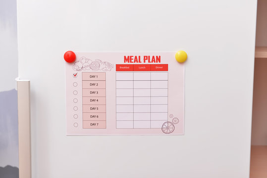 Empty Meal Plan On Fridge In Kitchen