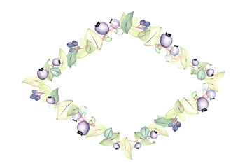 Watercolor blueberry decoration for a postcard, greeting card or wedding invitation. Hand-drawn on a white isolated background with stylish design.