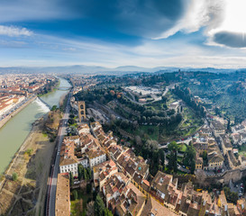Aerial panorama of Florence at sunrise, Firenze, Tuscany, Italy, cathedral, river, drone pint view,...