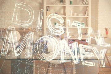 Double exposure of crypto technology theme drawing and office interior background. Concept of blockchain.