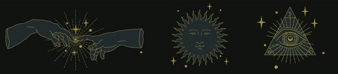 Set of illustration in medieval style for flash tattoo, fashion print or poster design. Symbols of Sun, hands and All seeing Eye.