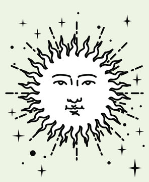 Vector illustration of Sun with face. Hand drawn design for flash tattoo or fashion print.