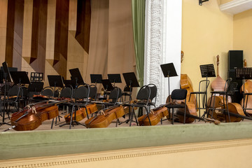 Musical instruments on the stage of the concert hall