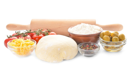 Ingredients for tasty pizza on white background