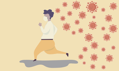 Man with mask surgical is running away from propagation of the virus Covid 19
