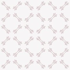 Cute ornamental seamless pattern with carved shapes, delicate grid, lace. Abstract geometric background in soft pastel colors, pallid purple and light pink. Elegant subtle texture. Decorative design