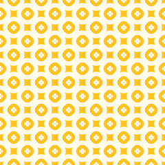 Yellow floral vector seamless pattern. Simple geometric texture with small flowers, circles, squares. Abstract colorful background. Retro vintage style. Bright summer design for decor, fabric, cloth